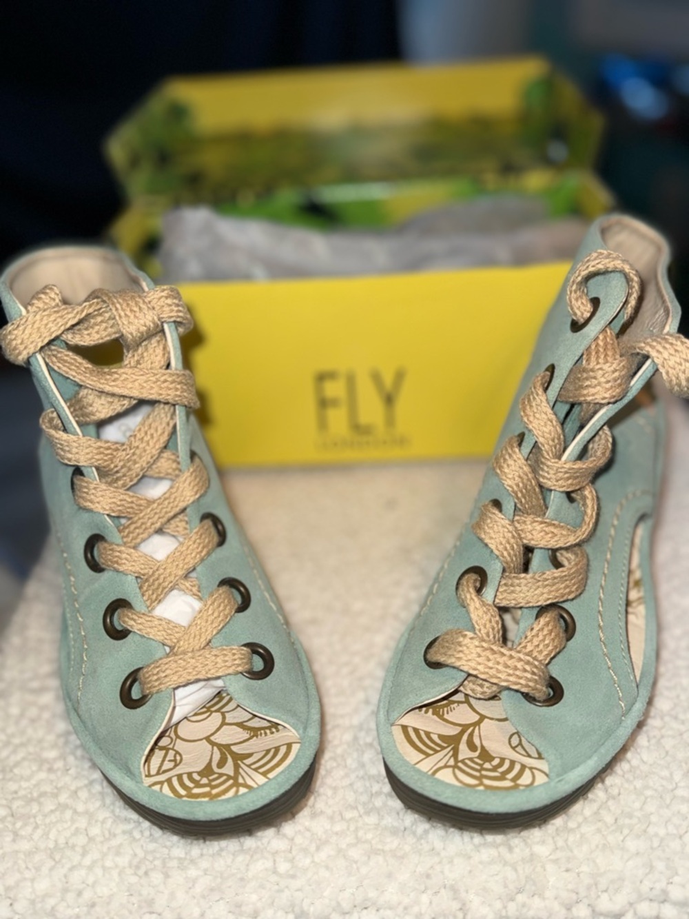 Fly London Mint Suede Open-Toe Sneakers with Tan Laces